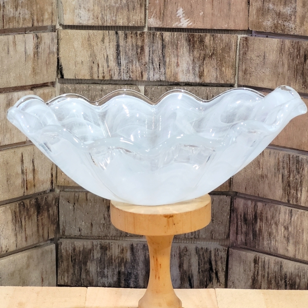 Murano Italian White Fuse Glass Seashell Style Oval Candy Bowl